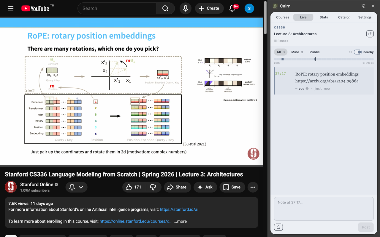 Cairn sidebar shown alongside a YouTube lecture page
